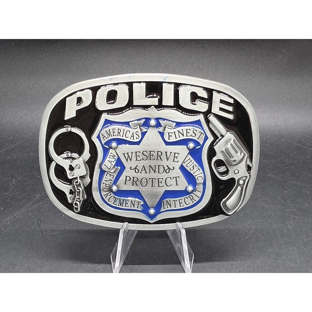 Police 4 x 2.75" Belt Buckle Silver Black Blue WeServe & Protect Americas Finest